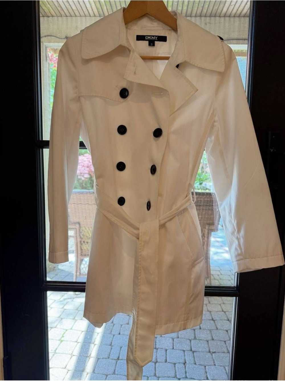 DKNY Cream Double-Breasted Trench with Black Buttons